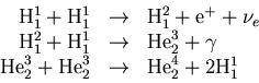 \begin{displaymath}
\begin{array}{rcl}
{\rm H}^{1}_{1} + {\rm H}^{1}_{1} &
...
...arrow &
{\rm He}^{4}_{2} + 2 {\rm H}^{1}_{1}
\end{array}
\end{displaymath}
